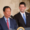 JMAPF3 Foxconn CEO Terry Gou makes remarks during the announcement of the creation of a Foxconn Factory to be built in Wisconsin to build LCD flat screen monitors at The White House in Washington, DC, July 26, 2017. At right is the Speaker of the US House Paul Ryan (Republican of Wisconsin). Credit: Chris Kleponis/CNP /MediaPunch